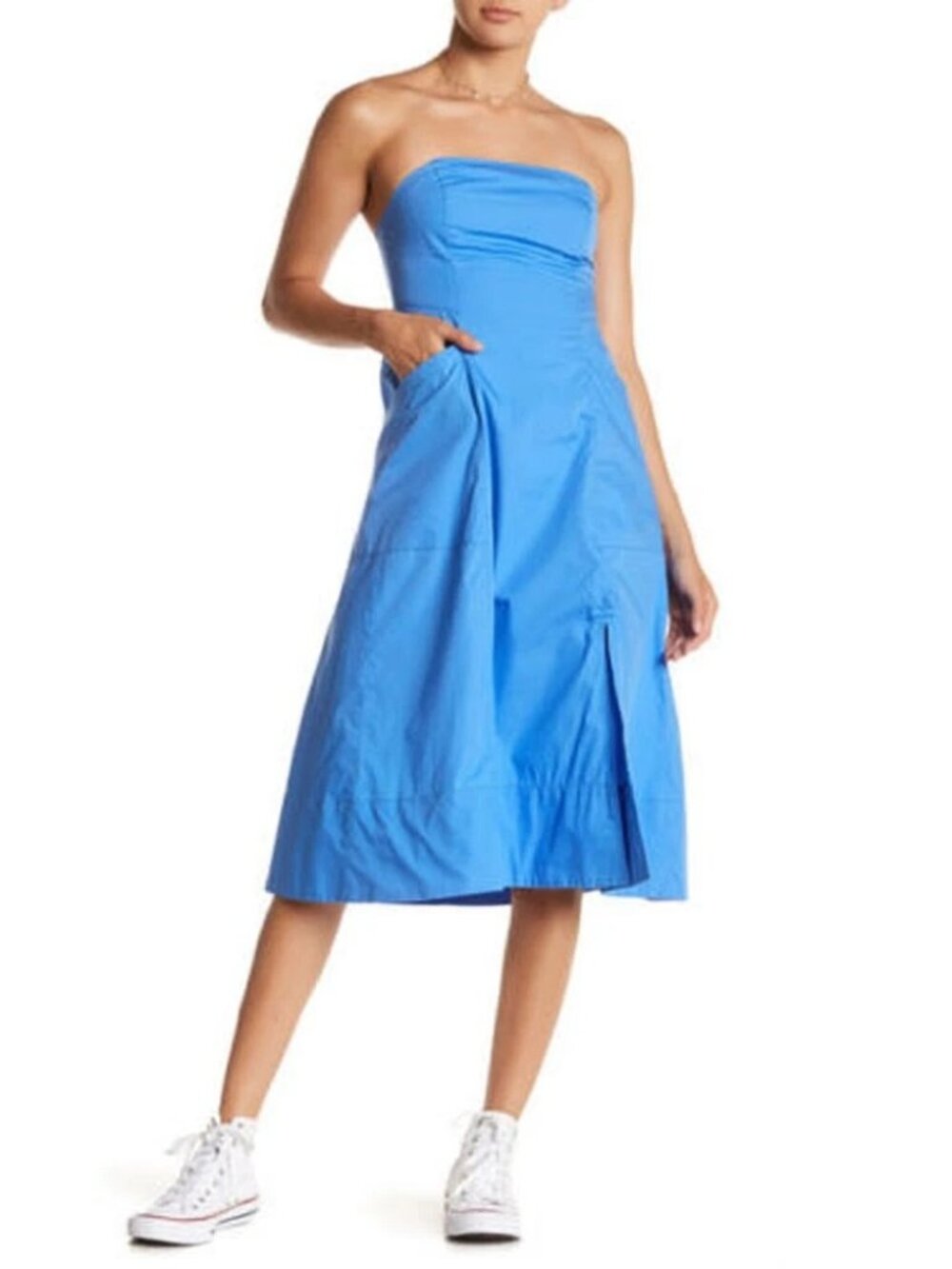 Free People SUNSHINE OF LOVE Blue Cotton Midi Dress w/ Pockets Women's Size 10 - Picture 4 of 13